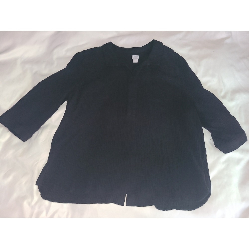 Chico's Black Textured Cotton Gauze Button Back Tunic Top Blouse Size 4 XL 20/22